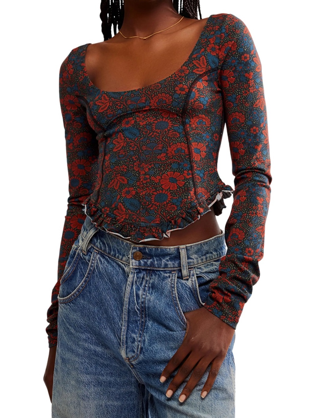 Free People XS Rust Floral Long-Sleeve scoop neck Crop Top with Strappy Back